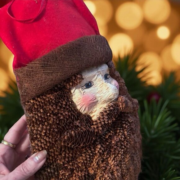 Rustic Pinecone Beard Santa Wall Hanging – 12” Woodland Christmas Decor, Natural - Picture 5 of 7